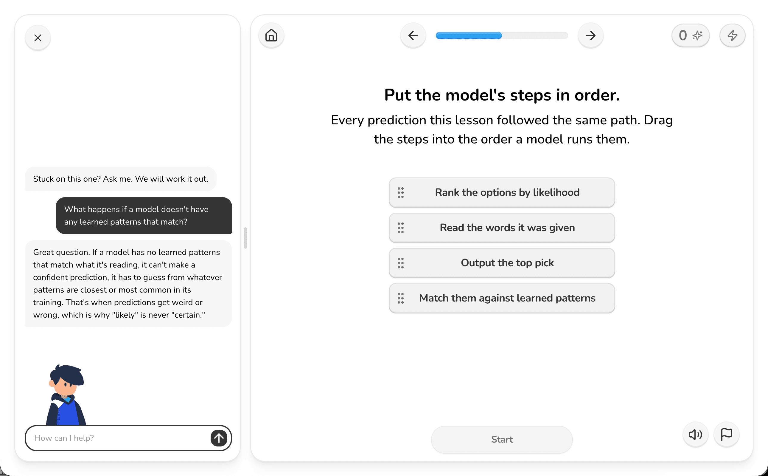A Big Thinkers lesson: chatting with a guide about how models predict, next to a drag-and-drop activity ordering the steps a model runs.