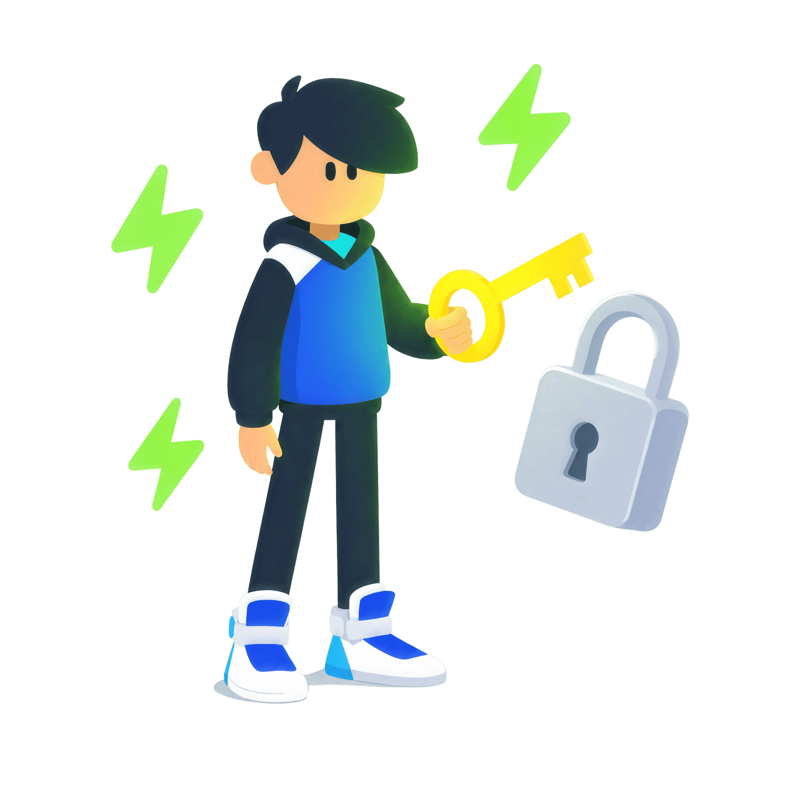 An illustrated student holding a key up to a padlock, surrounded by lightning bolts.
