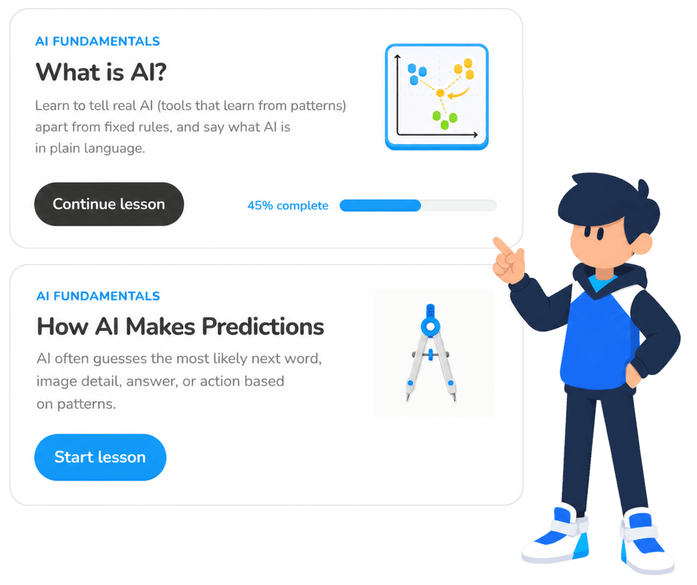 Two AI Fundamentals lesson cards, one 45% complete, beside an illustrated student pointing at them.