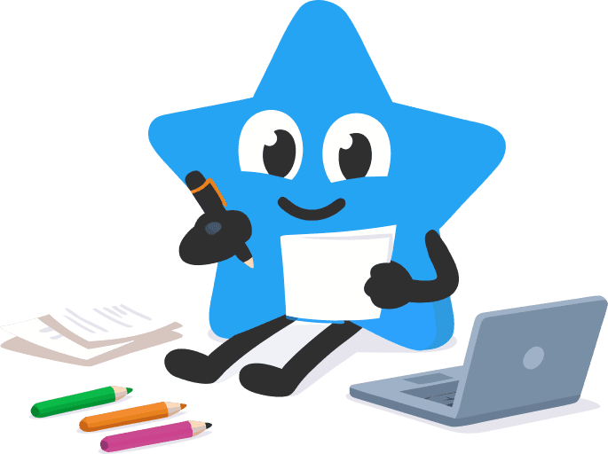 Star character writing and drawing with pencils and a laptop
